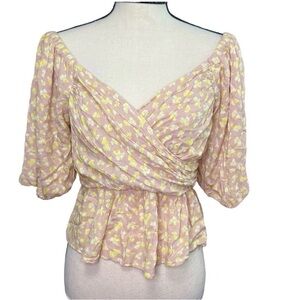 All in Favor pale pink floral puff sleeve peplum crop top